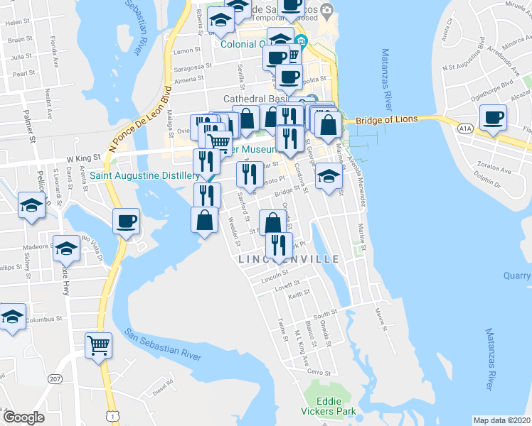 map of restaurants, bars, coffee shops, grocery stores, and more near 75 Martin Luther King Avenue in St. Augustine