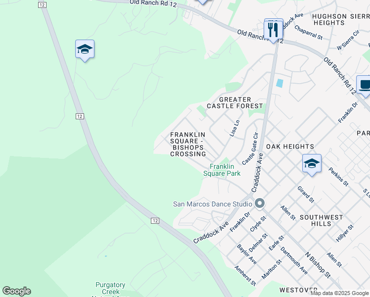 map of restaurants, bars, coffee shops, grocery stores, and more near 2101 Meadow View Drive in San Marcos