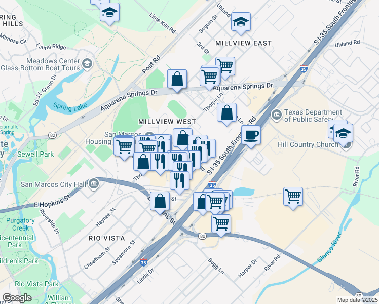 map of restaurants, bars, coffee shops, grocery stores, and more near 1202 Thorpe Lane in San Marcos