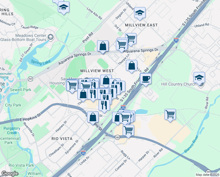 map of restaurants, bars, coffee shops, grocery stores, and more near 210 Springtown Way in San Marcos