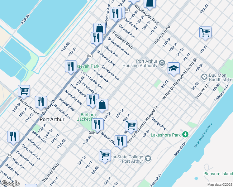 map of restaurants, bars, coffee shops, grocery stores, and more near 1848 Thomas Boulevard in Port Arthur