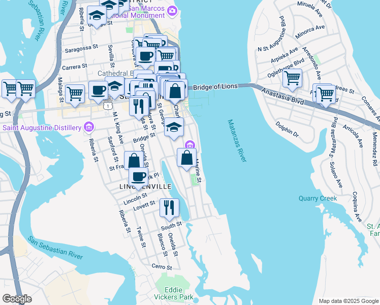 map of restaurants, bars, coffee shops, grocery stores, and more near 14 Saint Francis Street in St. Augustine