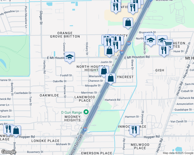 map of restaurants, bars, coffee shops, grocery stores, and more near 4716 Mierianne Street in Houston