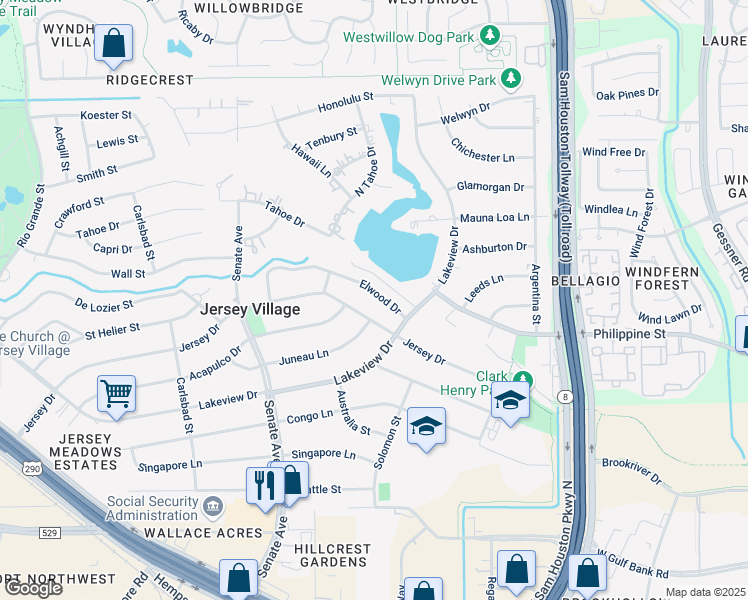 map of restaurants, bars, coffee shops, grocery stores, and more near 15621 Elwood Drive in Jersey Village