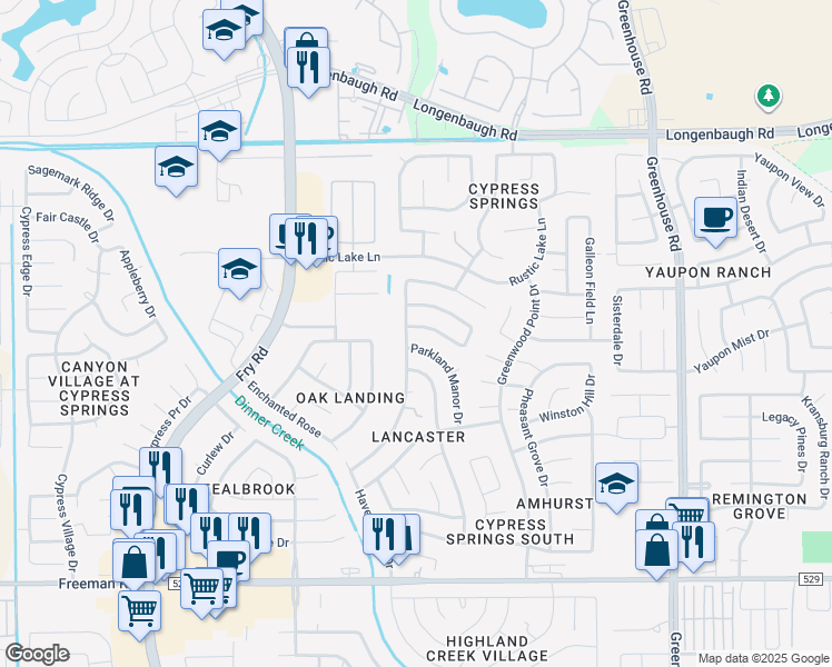 map of restaurants, bars, coffee shops, grocery stores, and more near 19967 Sycamore Valley Drive in Cypress