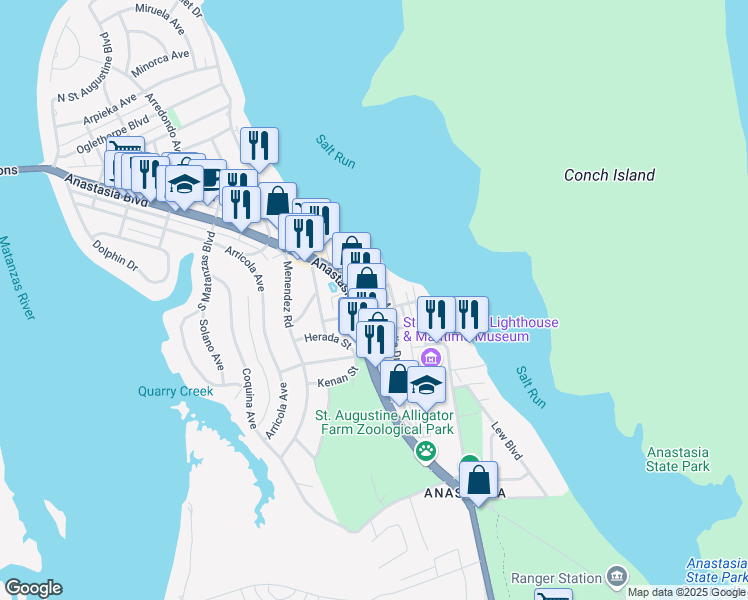 map of restaurants, bars, coffee shops, grocery stores, and more near 19 Palmetto Avenue in St. Augustine