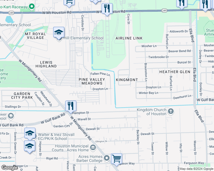 map of restaurants, bars, coffee shops, grocery stores, and more near 10559 Pine Landing Drive in Houston