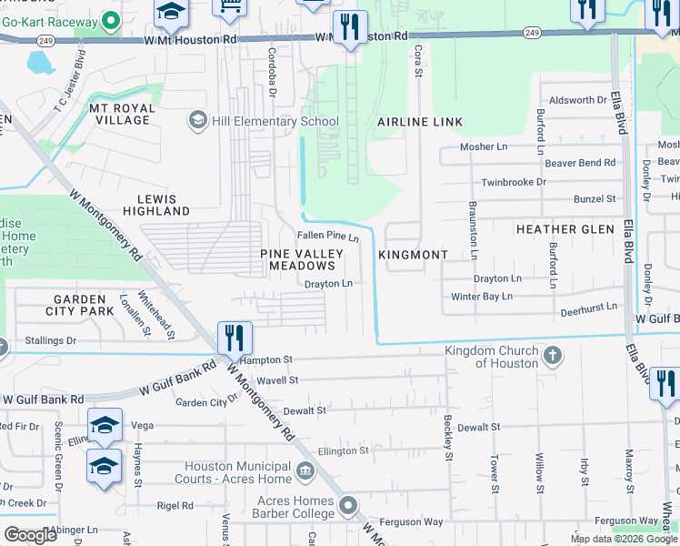 map of restaurants, bars, coffee shops, grocery stores, and more near 10559 Pine Landing Drive in Houston