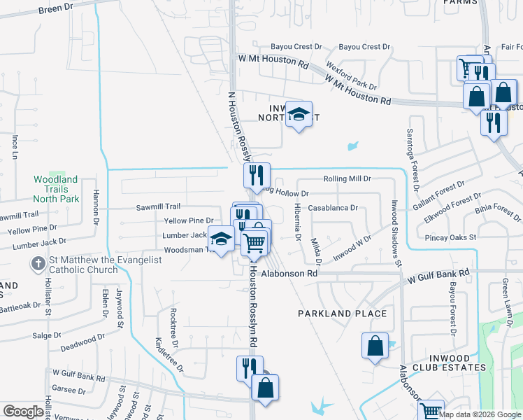 map of restaurants, bars, coffee shops, grocery stores, and more near 10017 North Houston Rosslyn Road in Houston