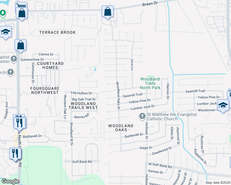map of restaurants, bars, coffee shops, grocery stores, and more near 7903 Sawmill Trail in Houston