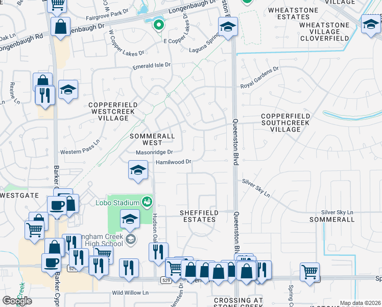 map of restaurants, bars, coffee shops, grocery stores, and more near 17235 Crown Meadow Court in Houston