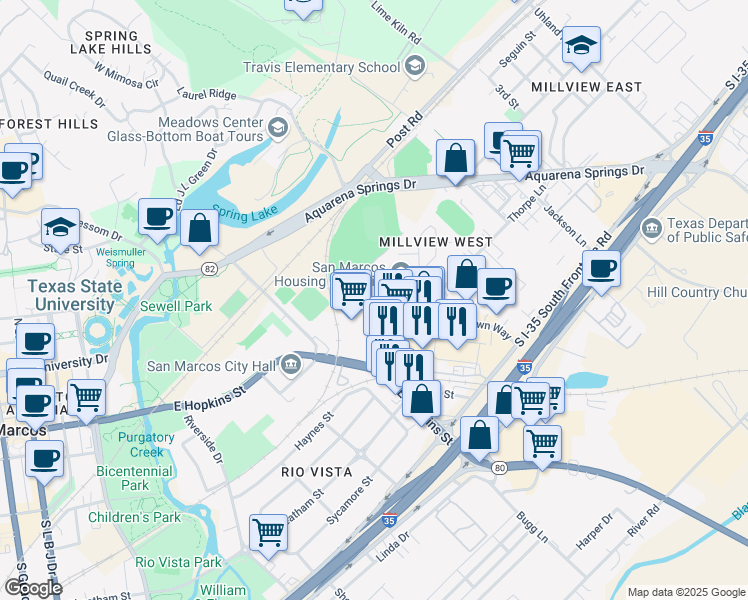 map of restaurants, bars, coffee shops, grocery stores, and more near 641 East Hopkins Street in San Marcos