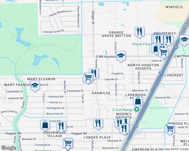 map of restaurants, bars, coffee shops, grocery stores, and more near 3441 Bertrand Street in Houston