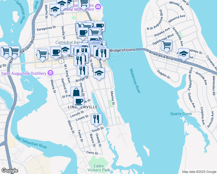 map of restaurants, bars, coffee shops, grocery stores, and more near 14 Saint Francis Street in St. Augustine