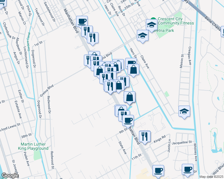 map of restaurants, bars, coffee shops, grocery stores, and more near Manhattan Boulevard in Harvey