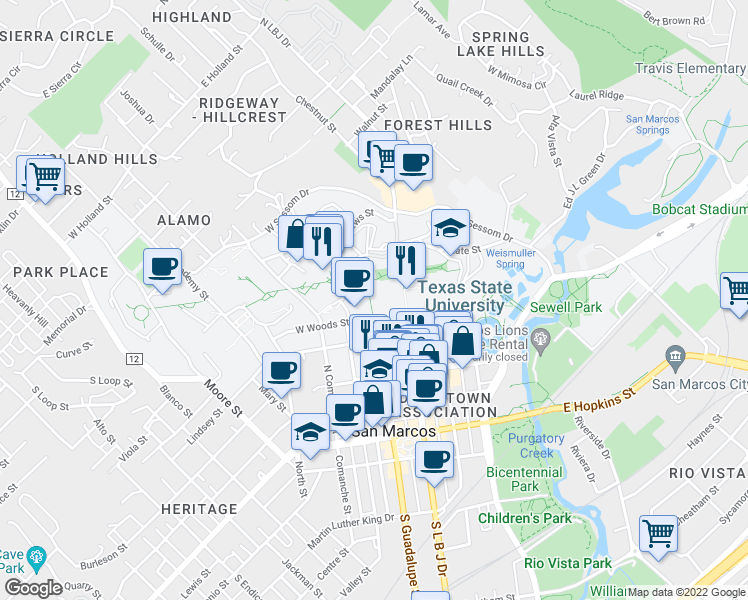 map of restaurants, bars, coffee shops, grocery stores, and more near 614 North Guadalupe Street in San Marcos