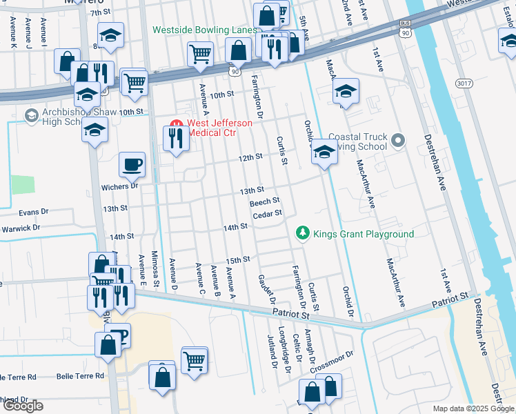 map of restaurants, bars, coffee shops, grocery stores, and more near 1340 Gaudet Drive in Marrero