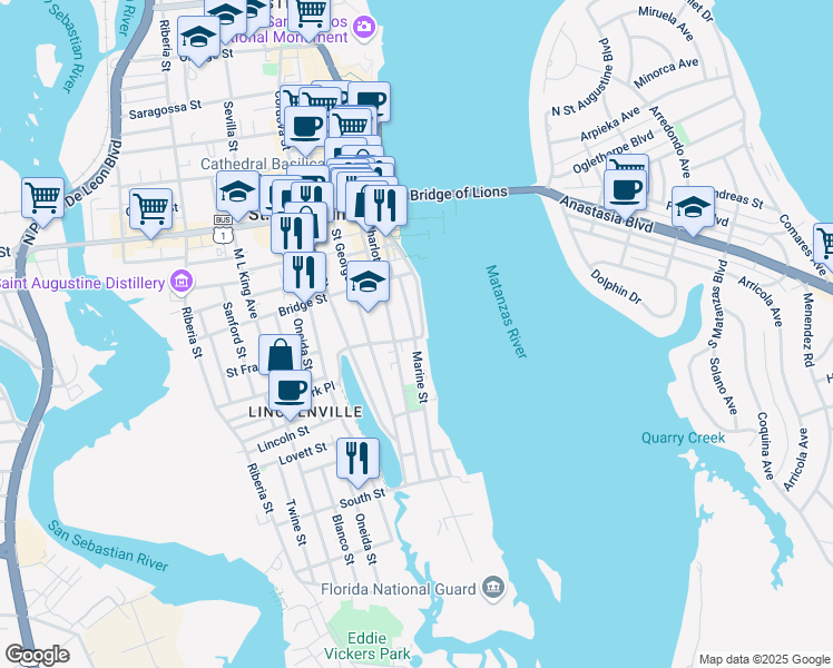 map of restaurants, bars, coffee shops, grocery stores, and more near 85 Marine Street in St. Augustine