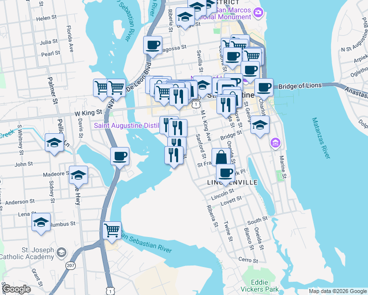 map of restaurants, bars, coffee shops, grocery stores, and more near 152 Riberia Street in St. Augustine