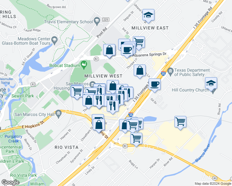 map of restaurants, bars, coffee shops, grocery stores, and more near 210 Springtown Way in San Marcos