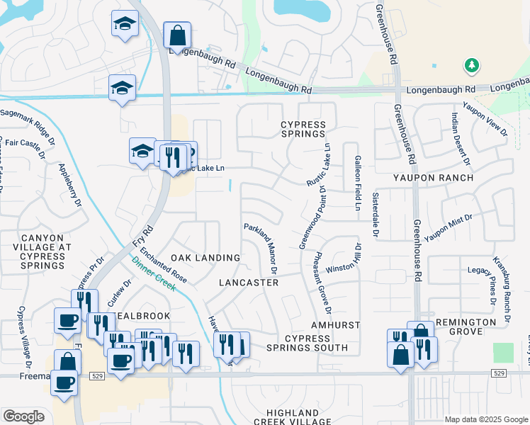 map of restaurants, bars, coffee shops, grocery stores, and more near 19902 Laurel Trail Drive in Cypress