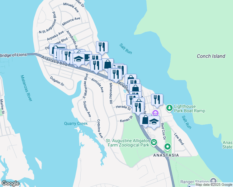 map of restaurants, bars, coffee shops, grocery stores, and more near 16 Menendez Road in St. Augustine