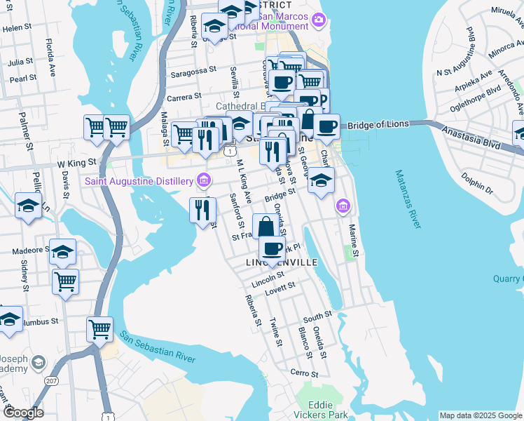 map of restaurants, bars, coffee shops, grocery stores, and more near 90 Bridge Street in St. Augustine
