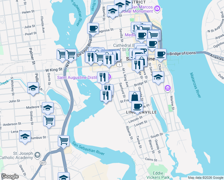 map of restaurants, bars, coffee shops, grocery stores, and more near 124 Bravo Street in St. Augustine