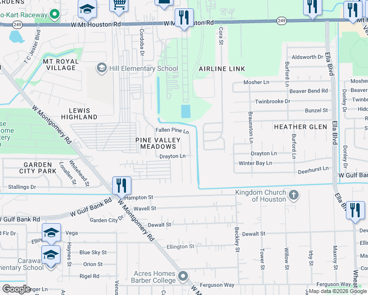 map of restaurants, bars, coffee shops, grocery stores, and more near 10642 Pine Landing Drive in Houston