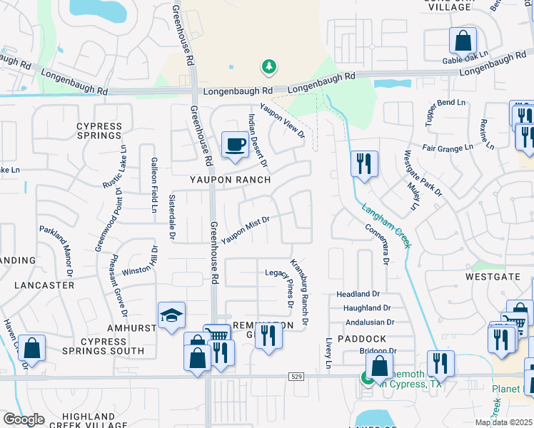 map of restaurants, bars, coffee shops, grocery stores, and more near 19205 Yaupon Ridge Court in Cypress