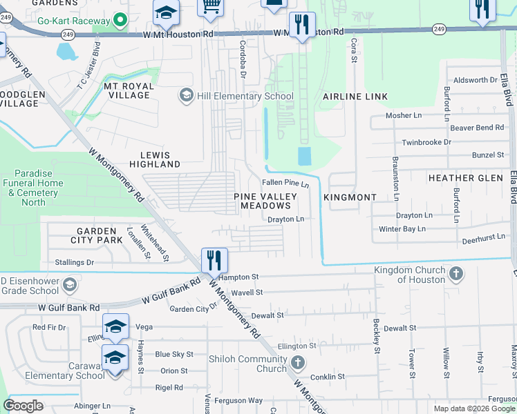 map of restaurants, bars, coffee shops, grocery stores, and more near 10630 Cordoba Pines Drive in Houston