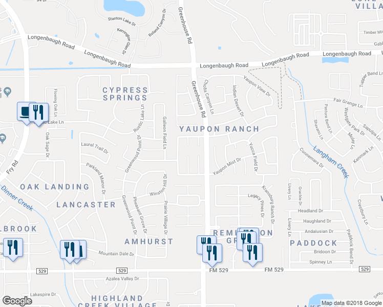 map of restaurants, bars, coffee shops, grocery stores, and more near 7718 Thicket Trace Court in Cypress
