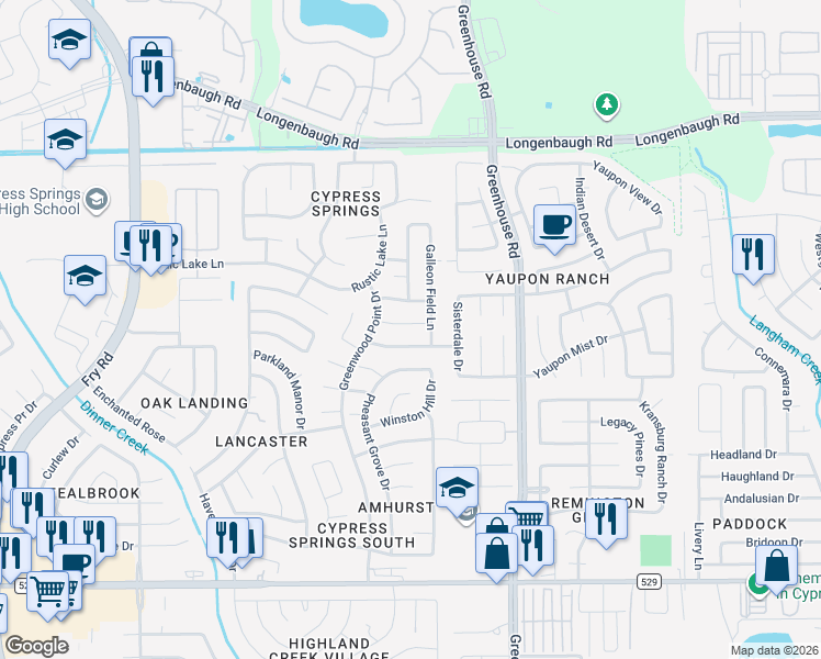 map of restaurants, bars, coffee shops, grocery stores, and more near 19819 Stonecross Glen Lane in Cypress