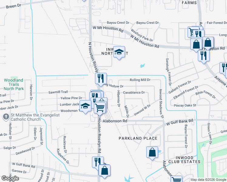 map of restaurants, bars, coffee shops, grocery stores, and more near 6923 Log Hollow Drive in Houston
