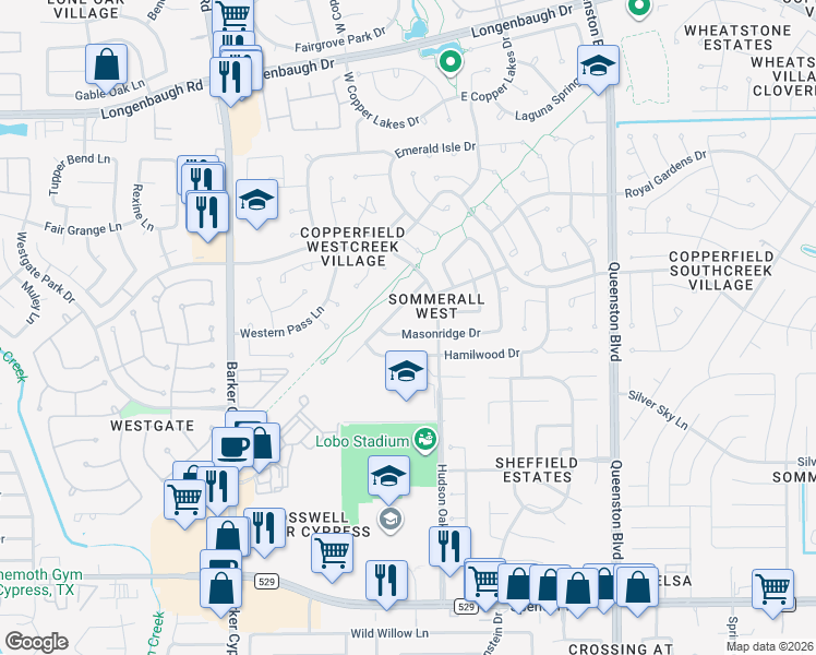 map of restaurants, bars, coffee shops, grocery stores, and more near 17510 Saxon Drive in Houston