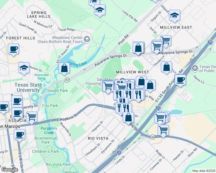 map of restaurants, bars, coffee shops, grocery stores, and more near 200 Robbie Lane in San Marcos