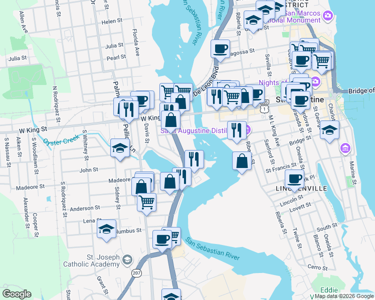 map of restaurants, bars, coffee shops, grocery stores, and more near 333 South Ponce De Leon Boulevard in Saint Augustine