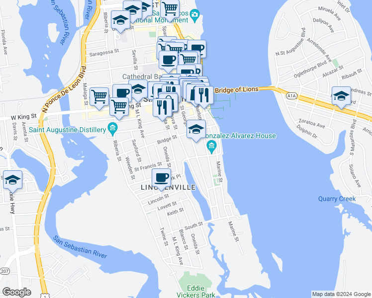 map of restaurants, bars, coffee shops, grocery stores, and more near 171 Cordova Street in Saint Augustine