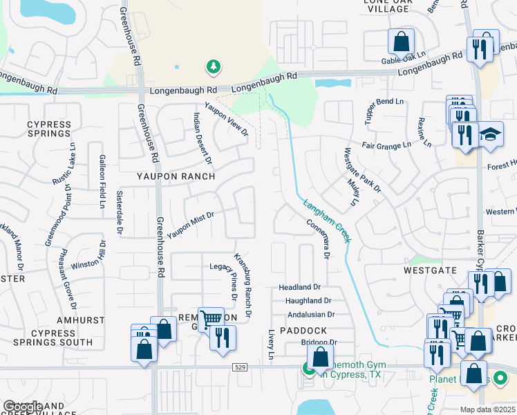 map of restaurants, bars, coffee shops, grocery stores, and more near 7722 Sunburst View Drive in Cypress