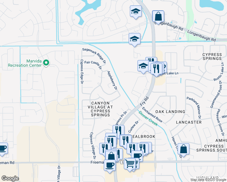 map of restaurants, bars, coffee shops, grocery stores, and more near 20510 Hillsdale Park Drive in Cypress