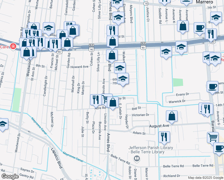 map of restaurants, bars, coffee shops, grocery stores, and more near 1429 Ames Boulevard in Marrero