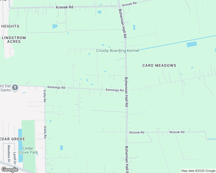 map of restaurants, bars, coffee shops, grocery stores, and more near 2415 Kennings Road in Crosby