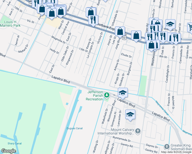 map of restaurants, bars, coffee shops, grocery stores, and more near 1321 King Henry Court in Marrero