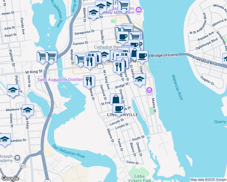 map of restaurants, bars, coffee shops, grocery stores, and more near 90 Bridge Street in St. Augustine