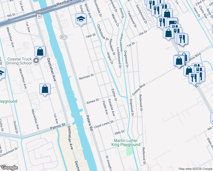 map of restaurants, bars, coffee shops, grocery stores, and more near 1540 Estalote Avenue in Harvey