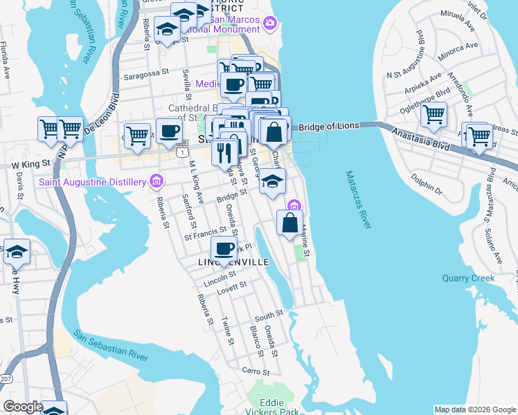 map of restaurants, bars, coffee shops, grocery stores, and more near 262 Saint George Street in St. Augustine