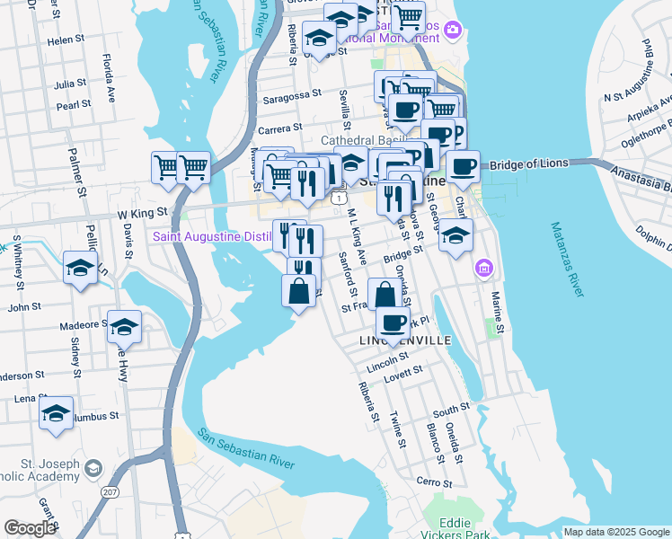 map of restaurants, bars, coffee shops, grocery stores, and more near 41 Sanford Street in St. Augustine
