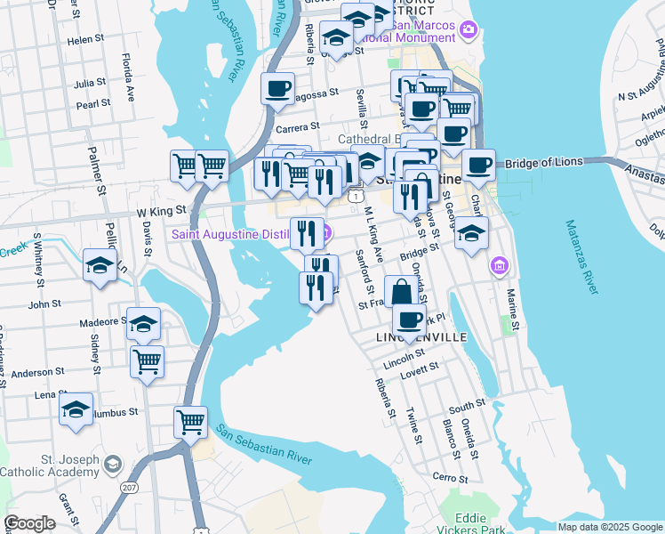 map of restaurants, bars, coffee shops, grocery stores, and more near 124 Bravo Street in St. Augustine
