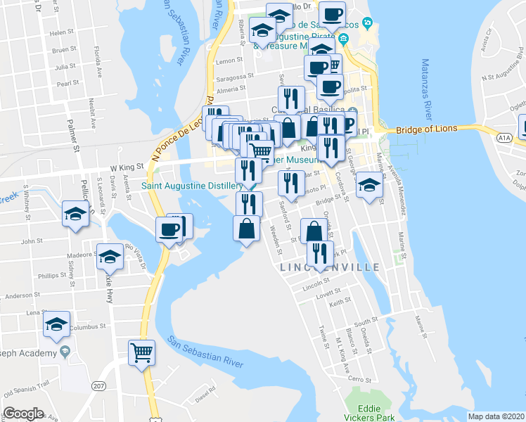 map of restaurants, bars, coffee shops, grocery stores, and more near 42 Weeden Street in Saint Augustine