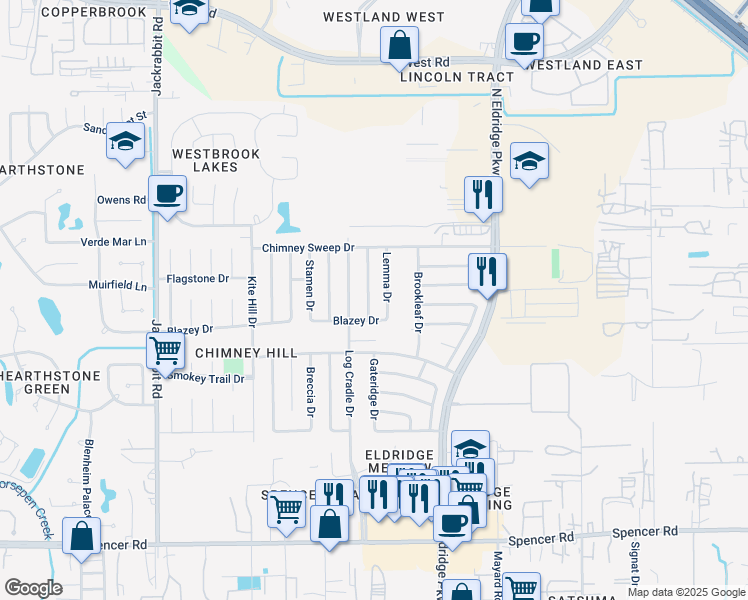 map of restaurants, bars, coffee shops, grocery stores, and more near 7522 Pepperbrook Drive in Houston